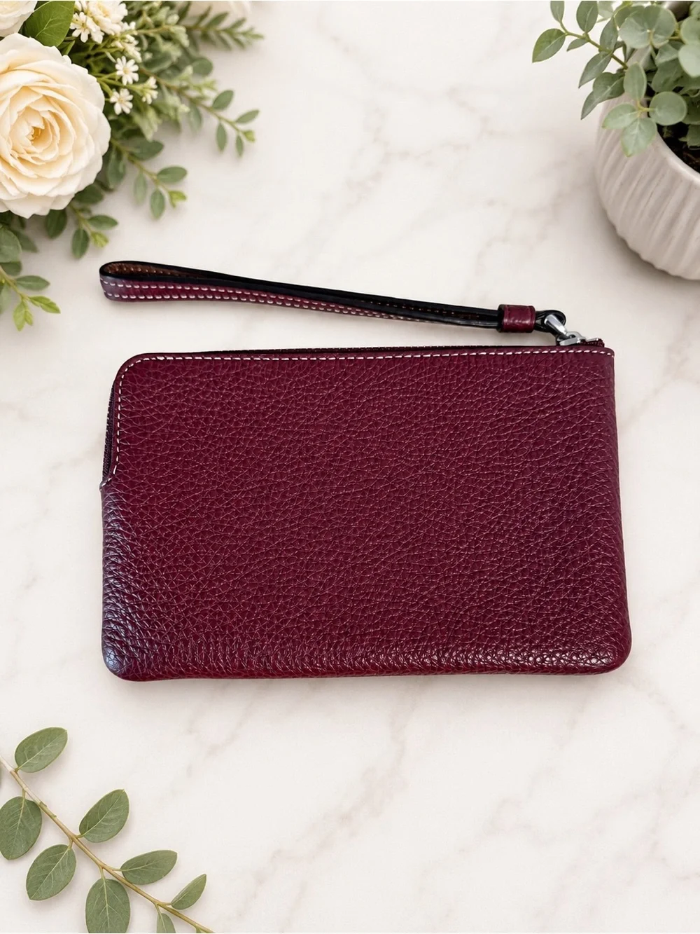 COACH Burgundy Leather Wristlet Logo Stripe Zip